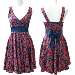 Coconinno Red Floral Fit & Flare Dress with Denim Waist Tie – Size XS